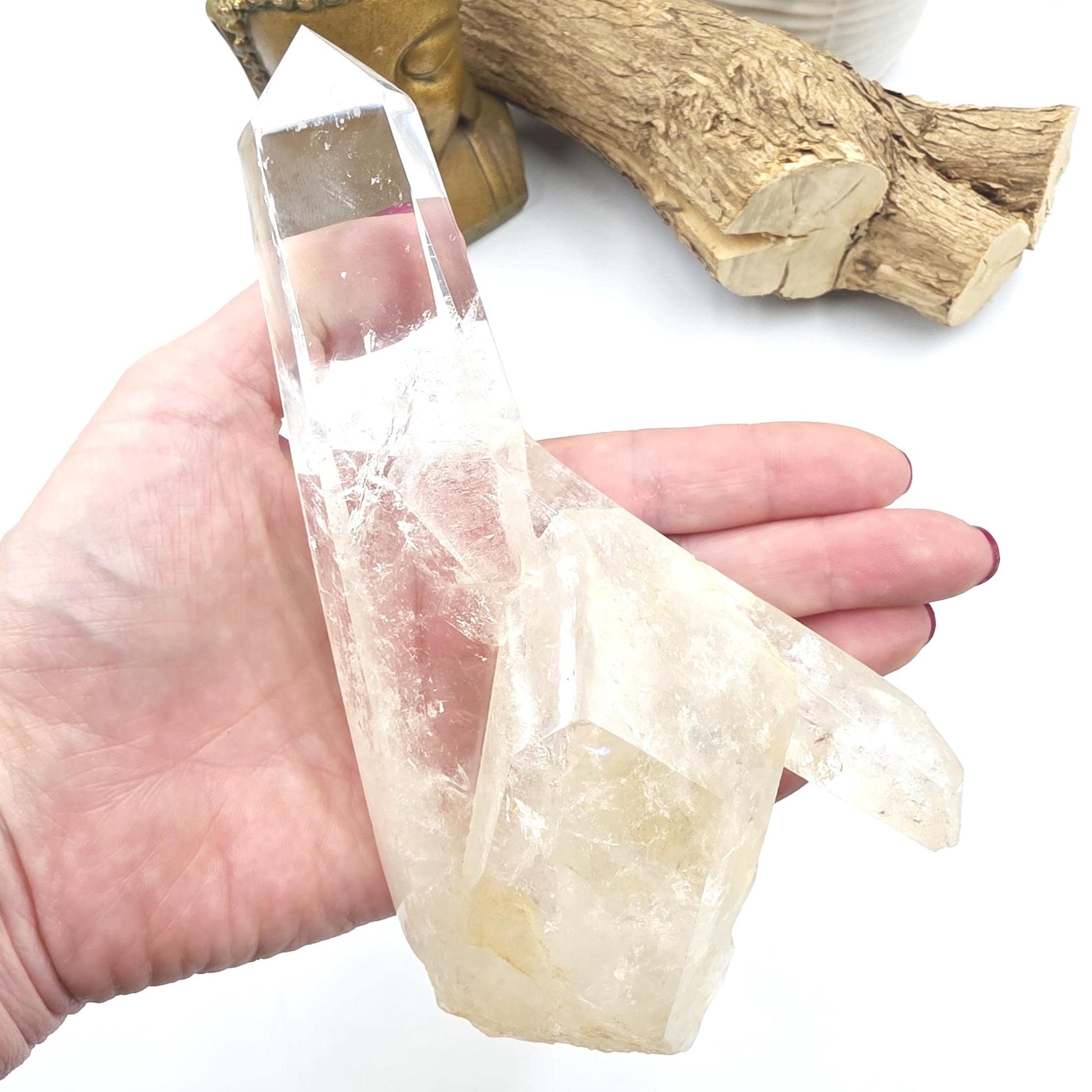 Clear Quartz Half Polished Half Raw Cluster with Rainbows on Bespoke Stand – Healing & Clarity Crystal, 505g
