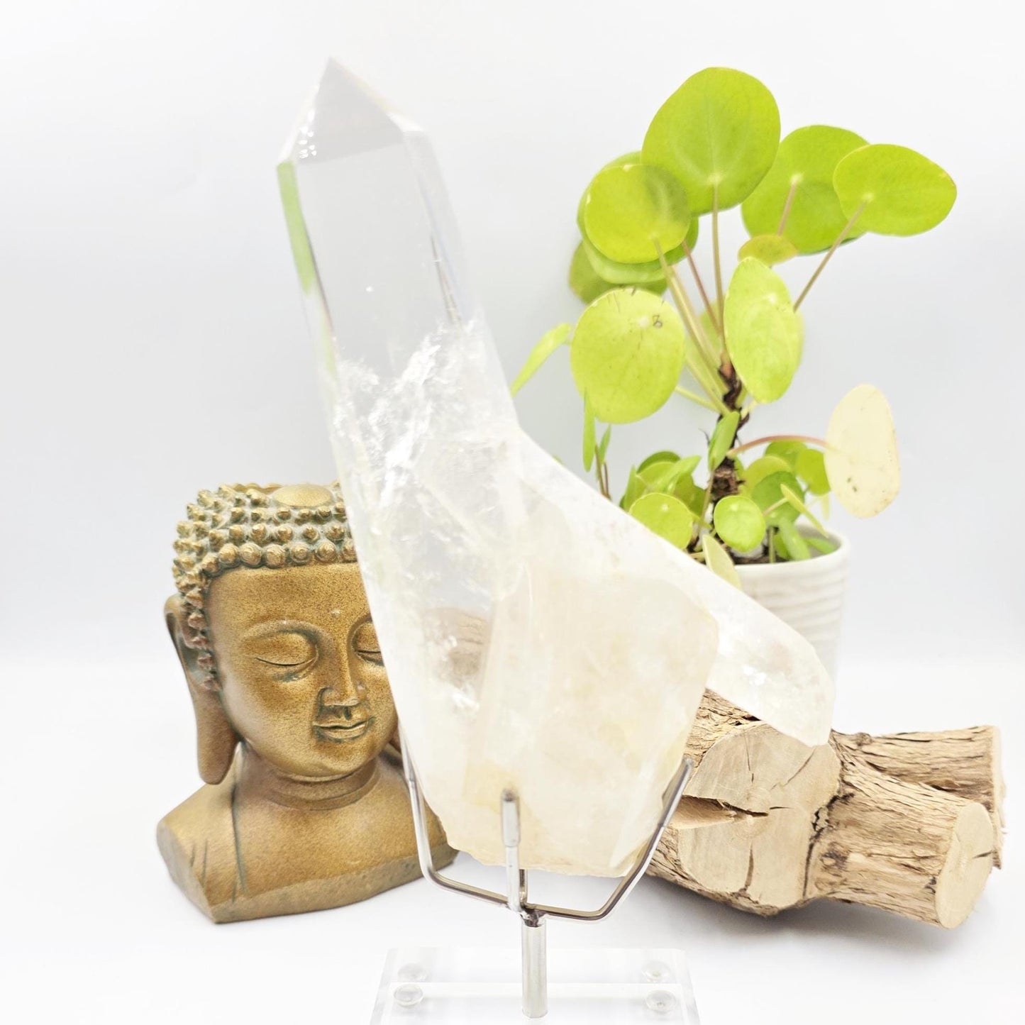 Clear Quartz Half Polished Half Raw Cluster with Rainbows on Bespoke Stand – Healing & Clarity Crystal, 505g