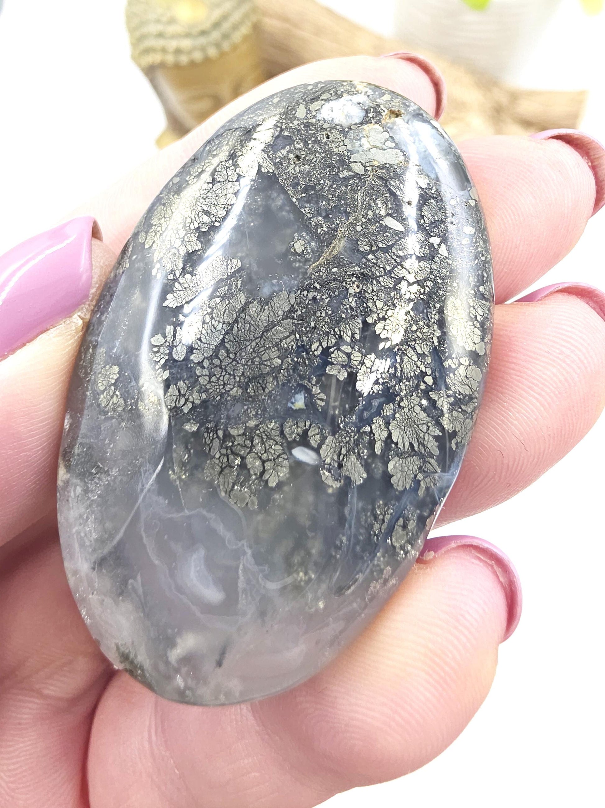 Pyrite & Agate Palm Stone – Protection, Confidence and Abundance Crystal, 40g
