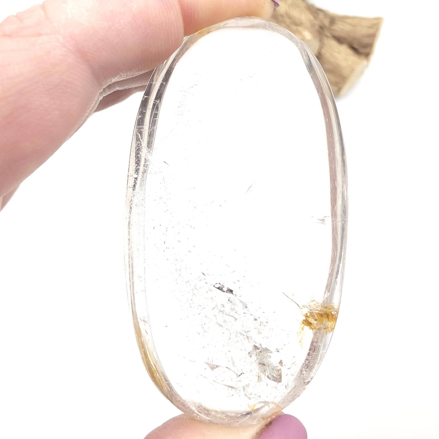 High Grade Clear Quartz Palm Stone with Golden Healer Inclusions – Clarity & Healing Crystal, 105g