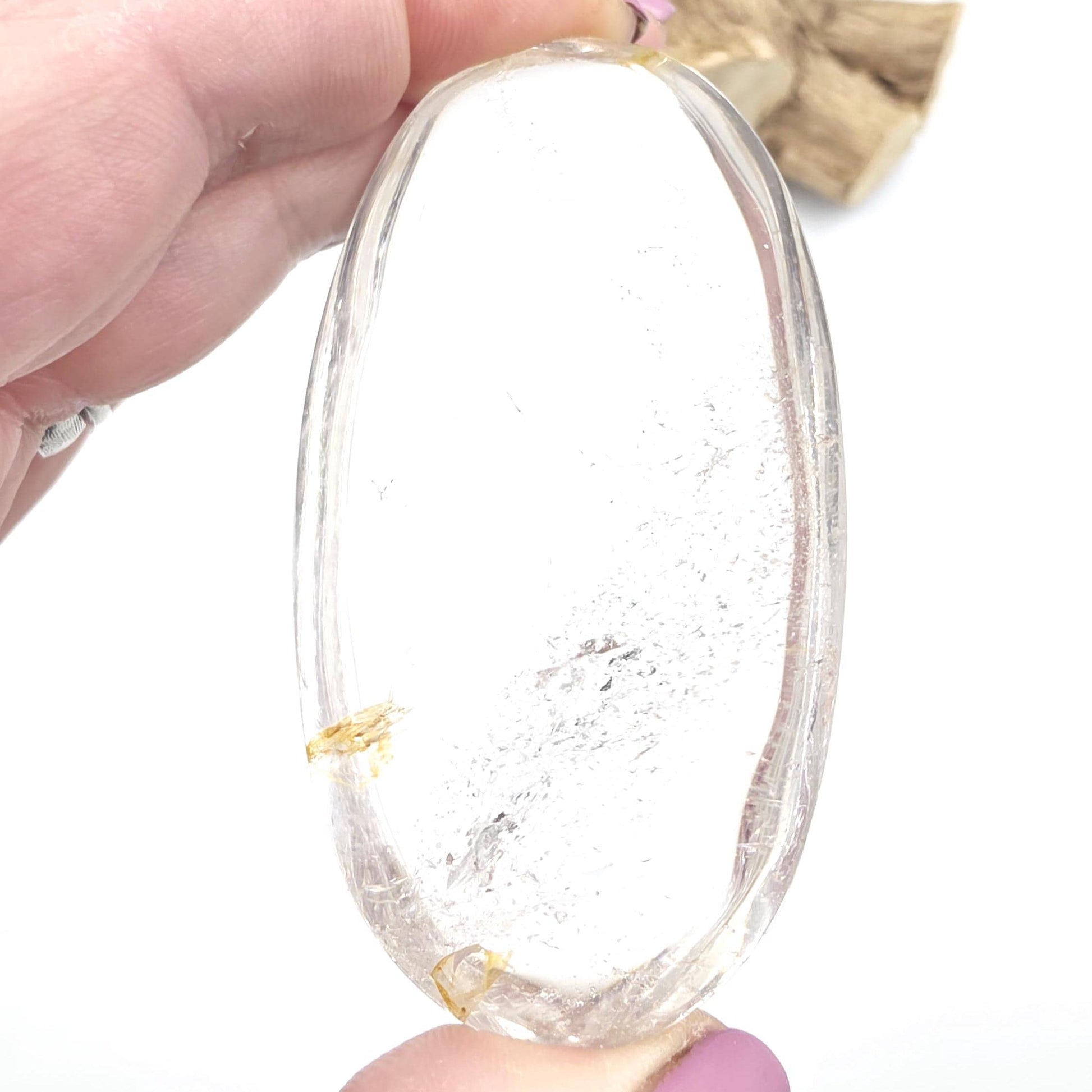 High Grade Clear Quartz Palm Stone with Golden Healer Inclusions – Clarity & Healing Crystal, 105g