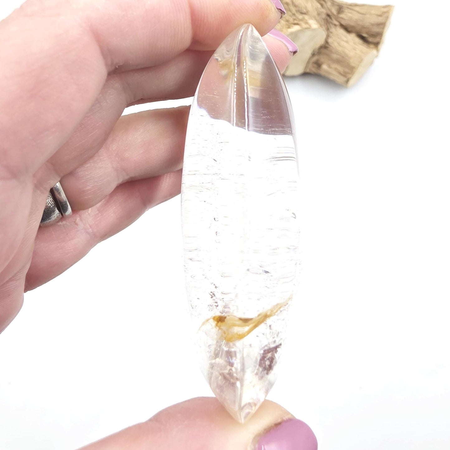 High Grade Clear Quartz Palm Stone with Golden Healer Inclusions – Clarity & Healing Crystal, 105g