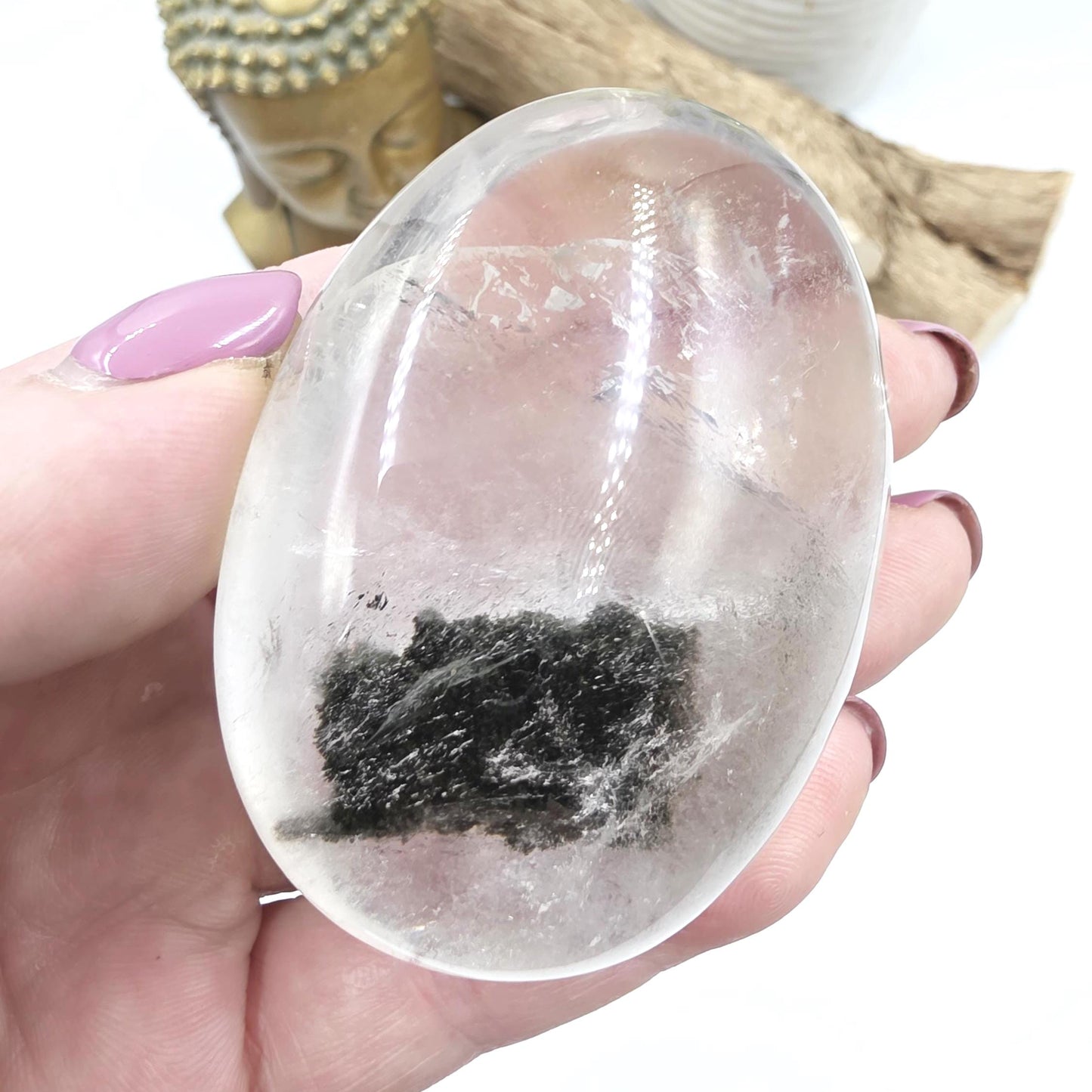 Large Green Garden Quartz (Lodolite) Palm Stone – Manifestation, Clarity & Inner Journey Healing Crystal, 155g