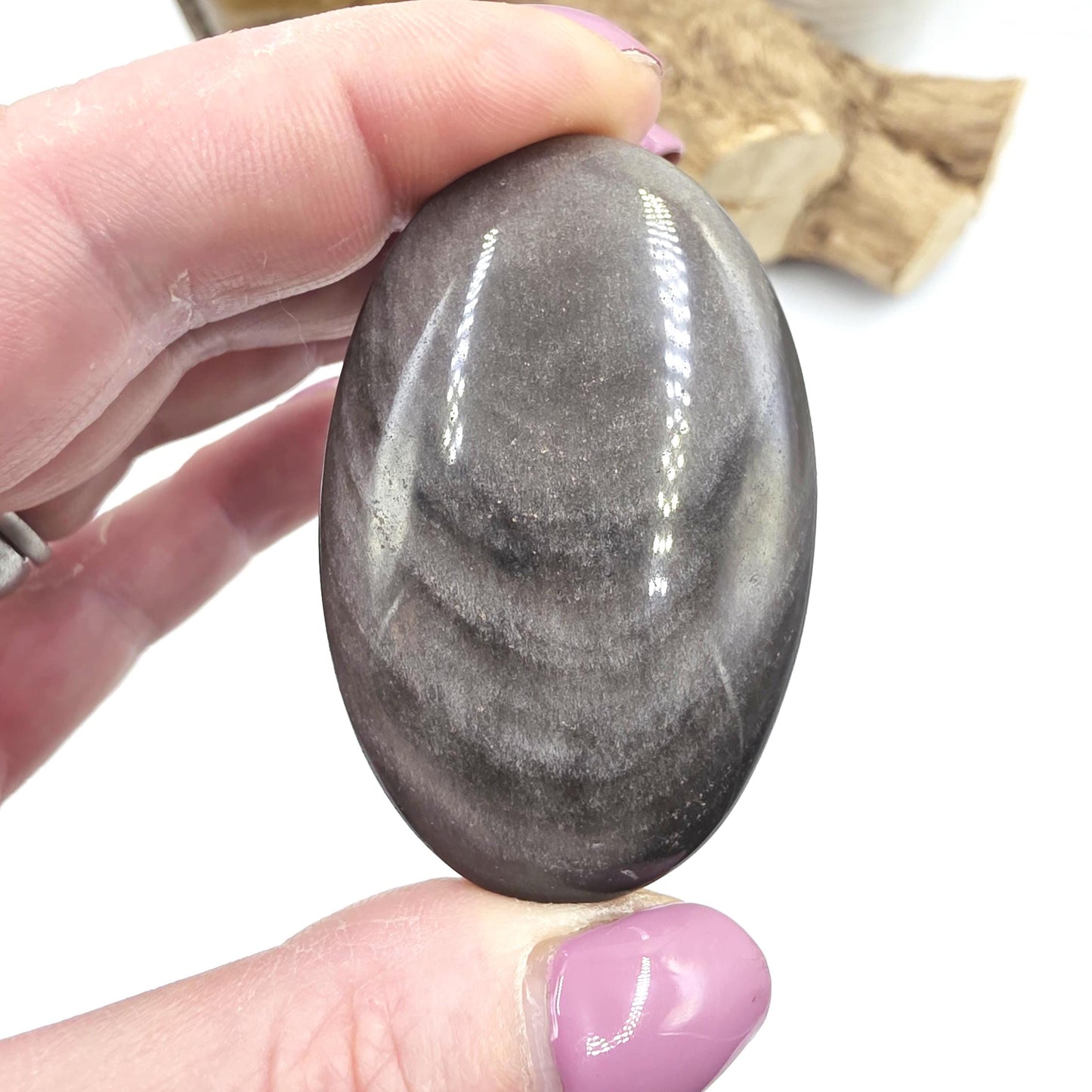 Silver Sheen Obsidian Palm Stone – Protection, Insight & Root Chakra Energy Crystal, 40g