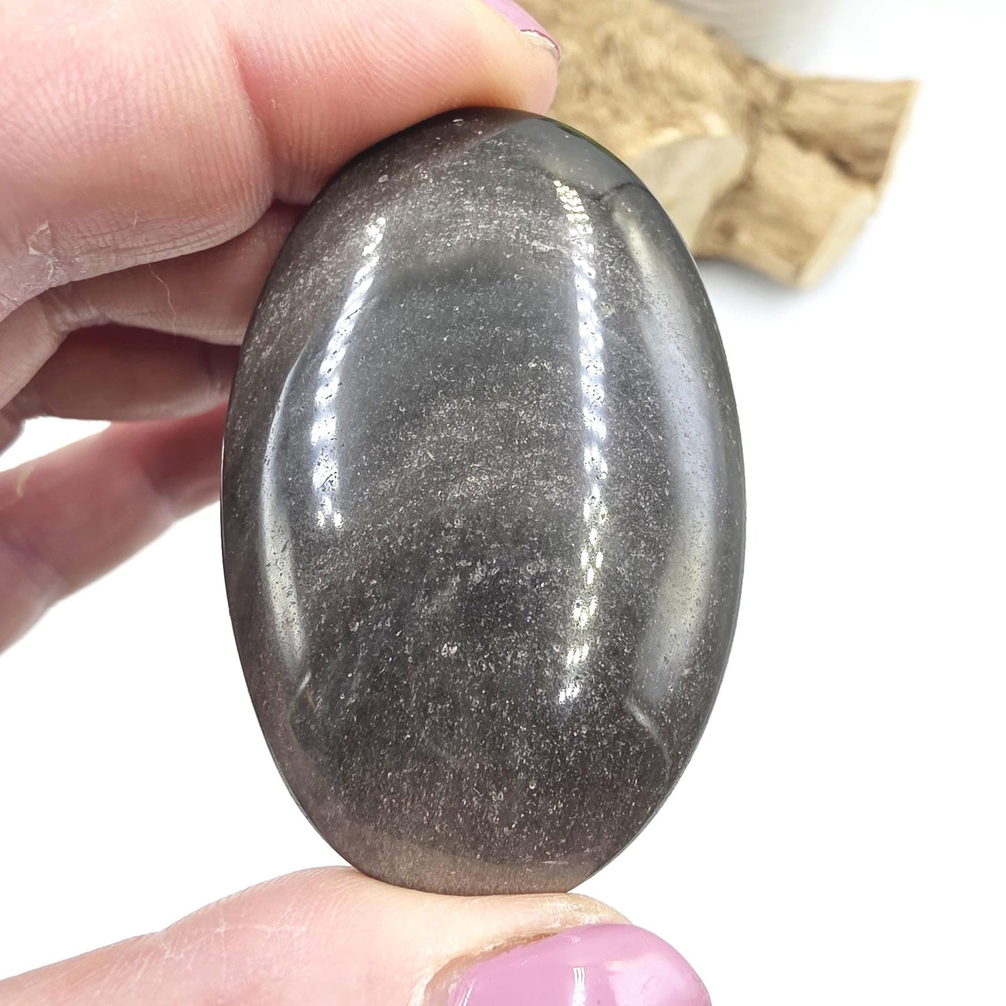 Silver Sheen Obsidian Palm Stone – Protection, Insight & Root Chakra Energy Crystal, 40g
