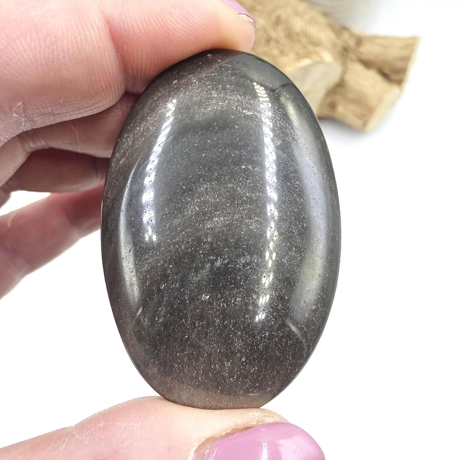 Silver Sheen Obsidian Palm Stone – Protection, Insight & Root Chakra Energy Crystal, 40g