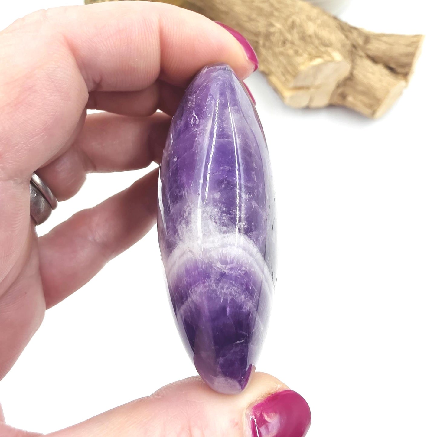 Dream Amethyst (Chevron) Palm Stone with rainbow flash – Intuition, Calm & Spiritual Clarity Crystal, 110g