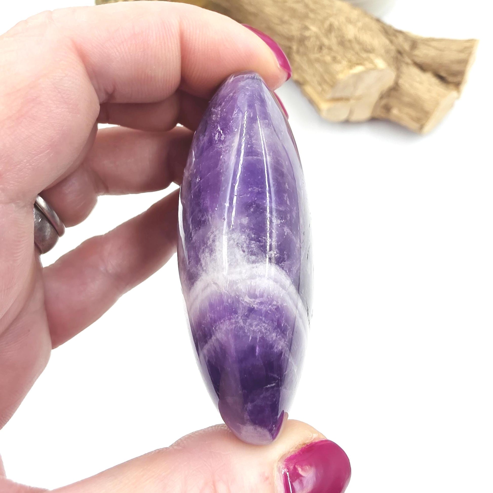 Dream Amethyst (Chevron) Palm Stone with rainbow flash – Intuition, Calm & Spiritual Clarity Crystal, 110g