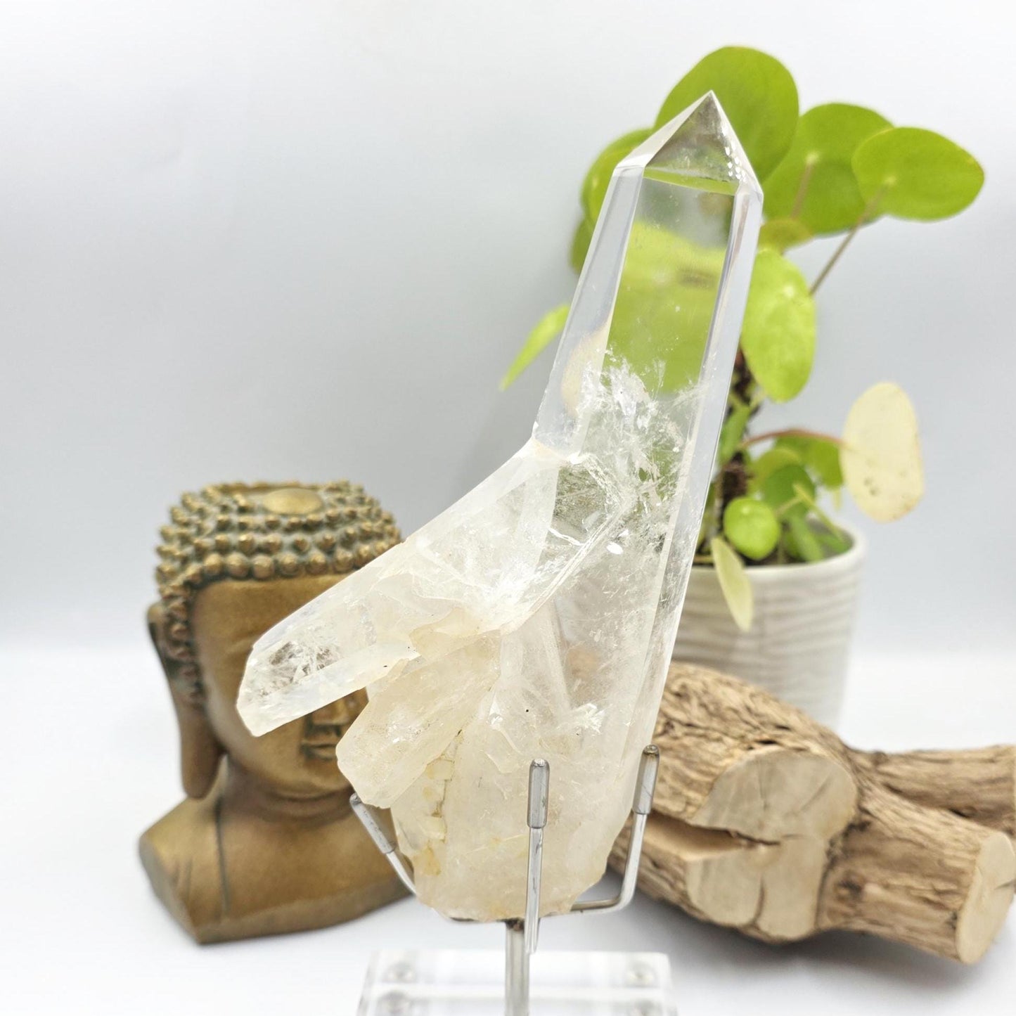 Clear Quartz Half Polished Half Raw Cluster with Rainbows on Bespoke Stand – Healing & Clarity Crystal, 505g