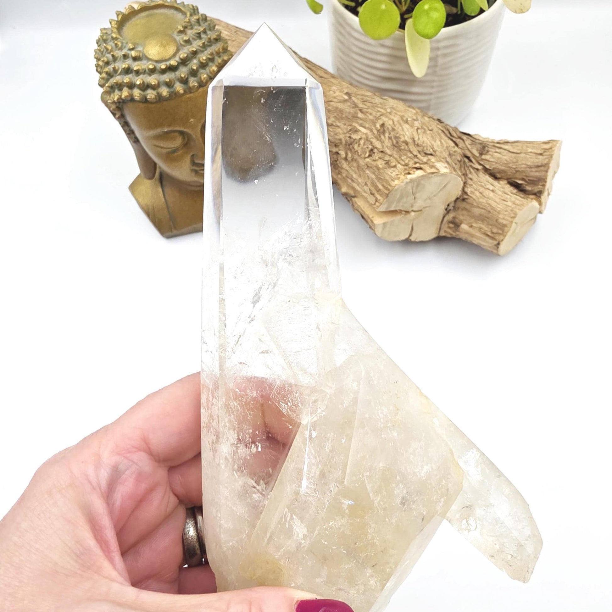 Clear Quartz Half Polished Half Raw Cluster with Rainbows on Bespoke Stand – Healing & Clarity Crystal, 505g