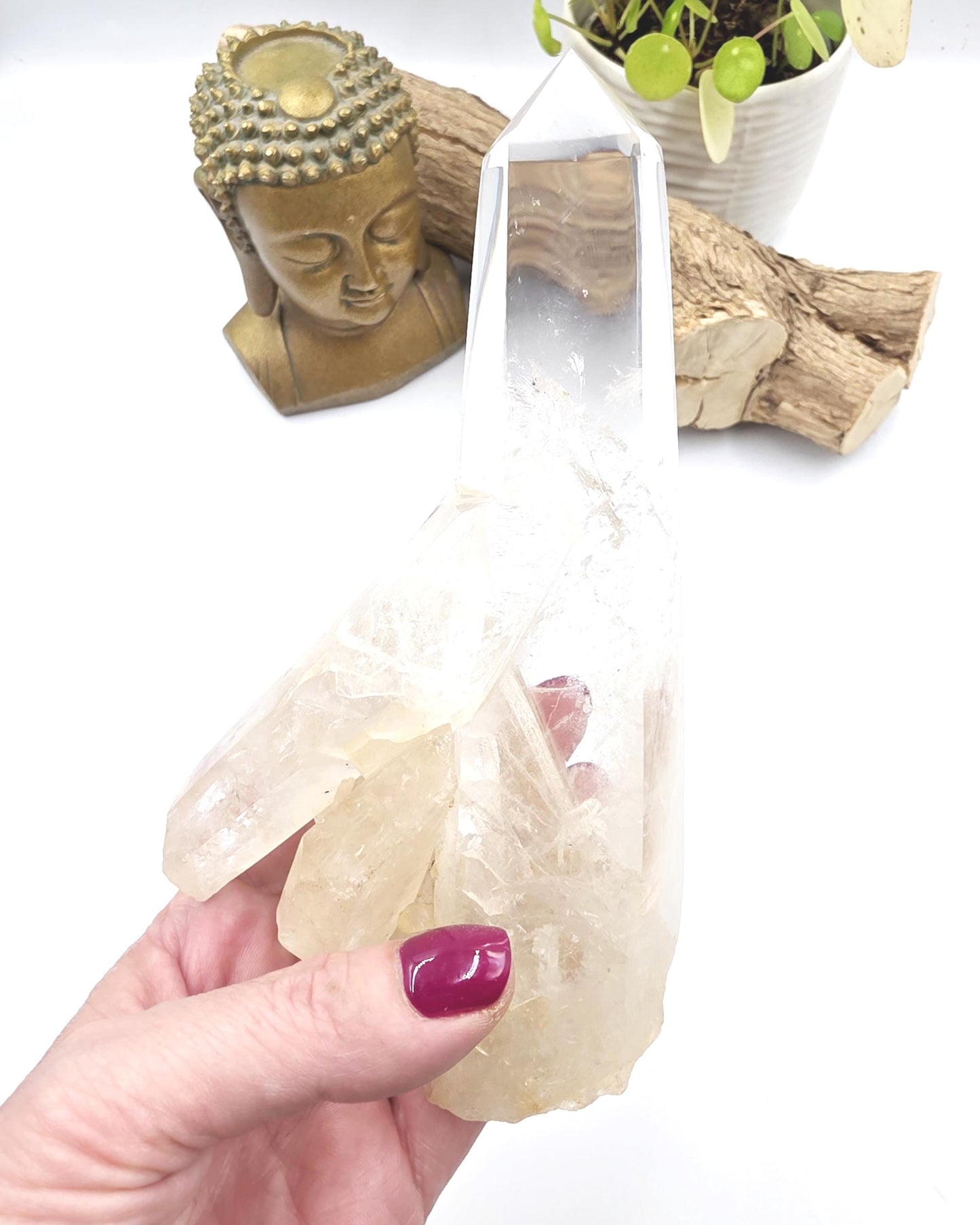 Clear Quartz Half Polished Half Raw Cluster with Rainbows on Bespoke Stand – Healing & Clarity Crystal, 505g
