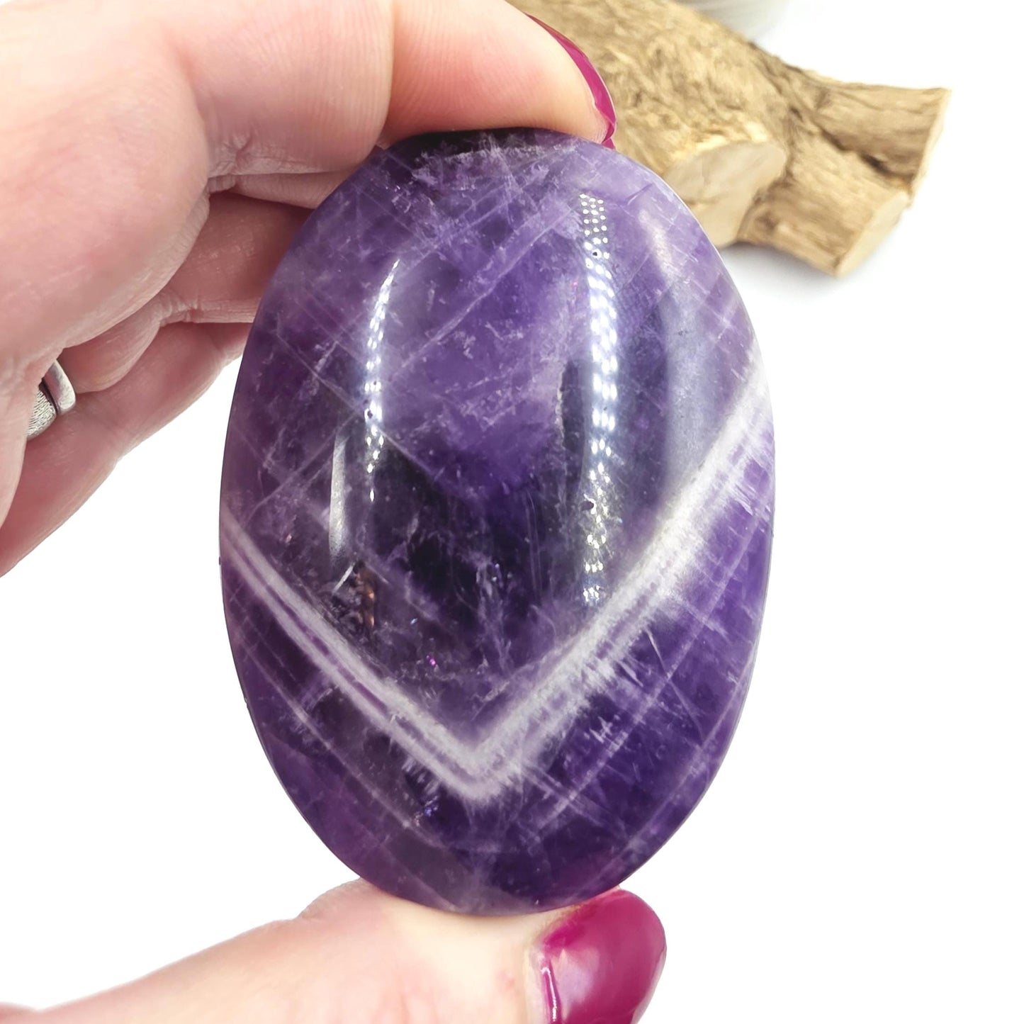 Dream Amethyst (Chevron) Palm Stone with rainbow flash – Intuition, Calm & Spiritual Clarity Crystal, 110g