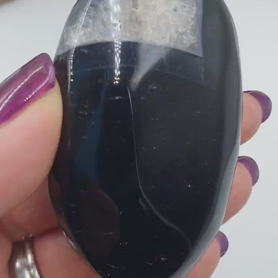 Large Black Banded Agate Druzy Palm / Black Striped Agate Druzy Palmstone / Meditation Palm - 88g