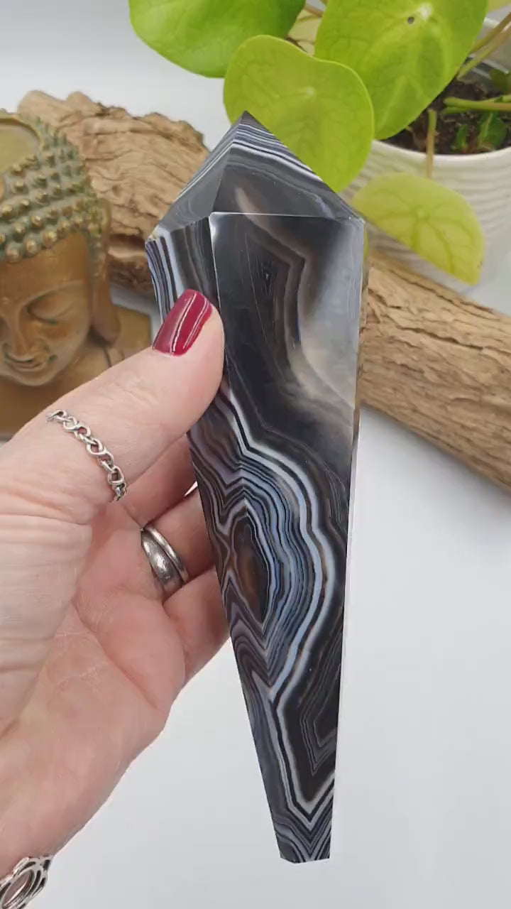 Large Beautiful Black Banded Agate Sceptre / Black Striped Agate Wand / Agate Healing Tool - 435g
