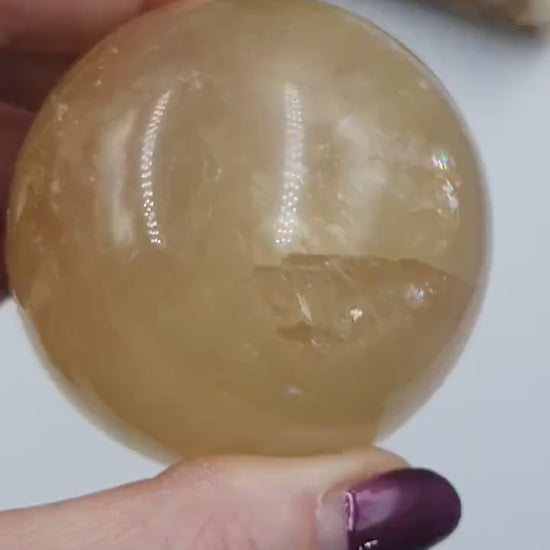 Flashy Yellow Calcite Sphere with rainbows / Yellow Calcite Crystal Ball / Lemon Calcite Sphere - 58mm