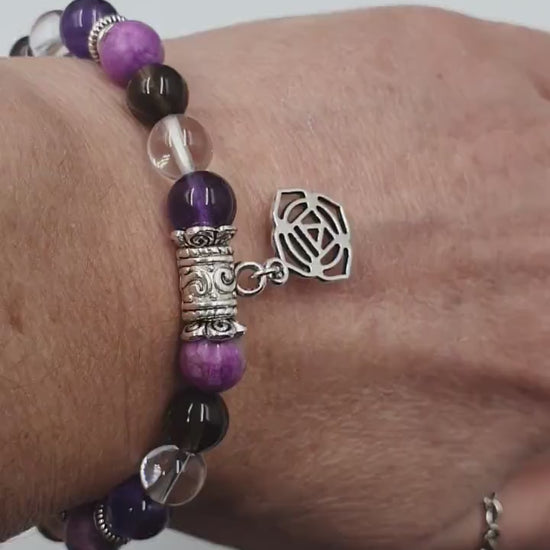 Cancer Treatment Support Crystal Healing Bracelet with Chakra Charm! (Amethyst, Clear Quartz, Smokey Quartz and Sugilite)