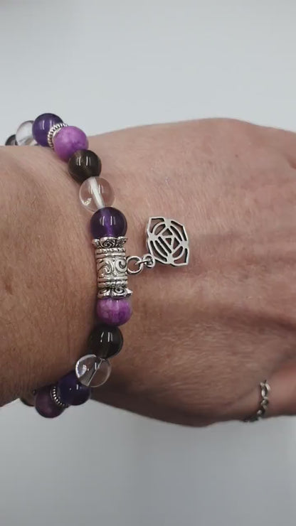 Cancer Treatment Support Crystal Healing Bracelet with Chakra Charm! (Amethyst, Clear Quartz, Smokey Quartz and Sugilite)