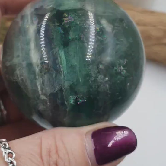 Beautiful Green Fluorite Sphere with rainbow flashes / Green Fluorite Sphere / Green Fluorite Orb -58mm